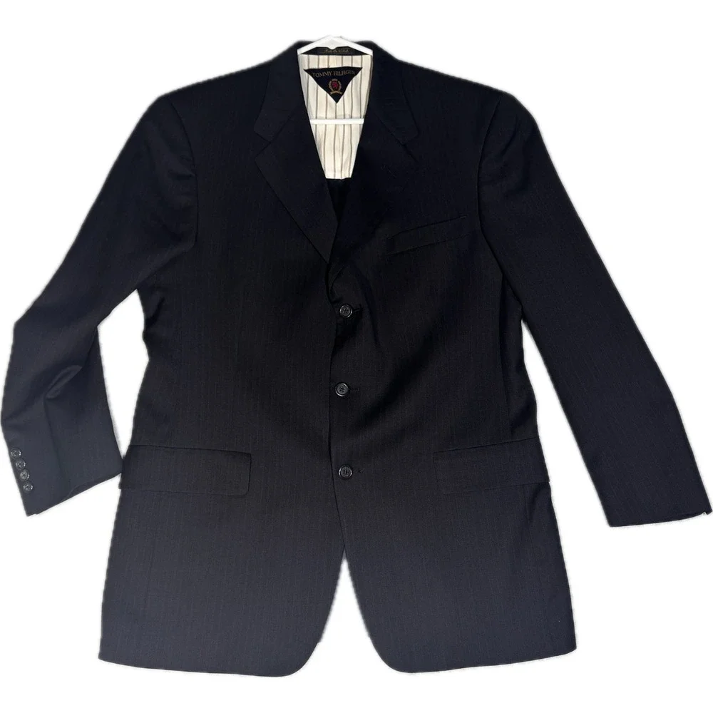 Tommy Hilfiger Mens 40R Navy Blue Pinstripe Wool Blazer Made in USA3 Button Coat